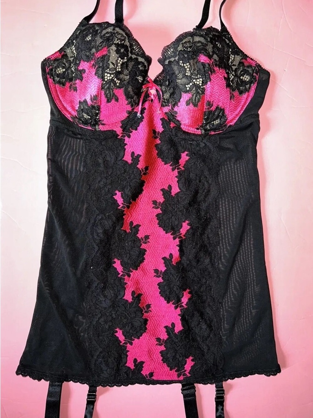 Victoria's Secret Black and Hot Pink Lace Chemise with Garters